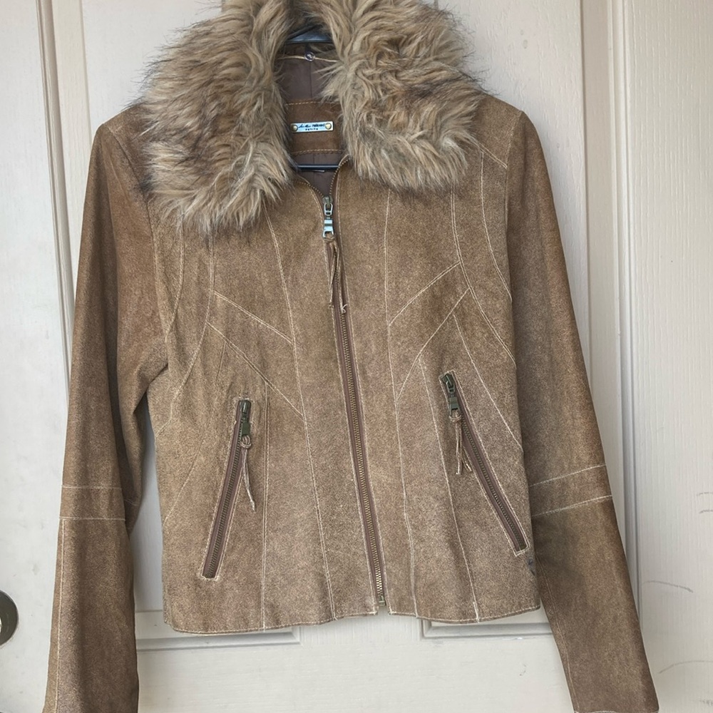 I.e Relaxed petite brown leather  jacket with removable fur trim